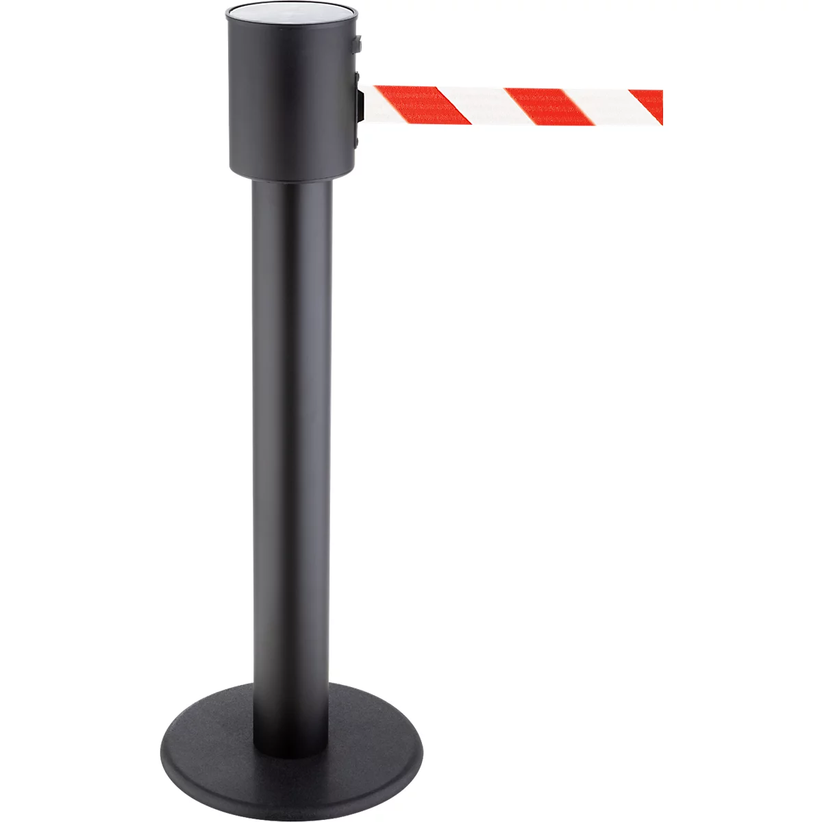 Black stanchion with red and white striped tape, isolated on a white background.