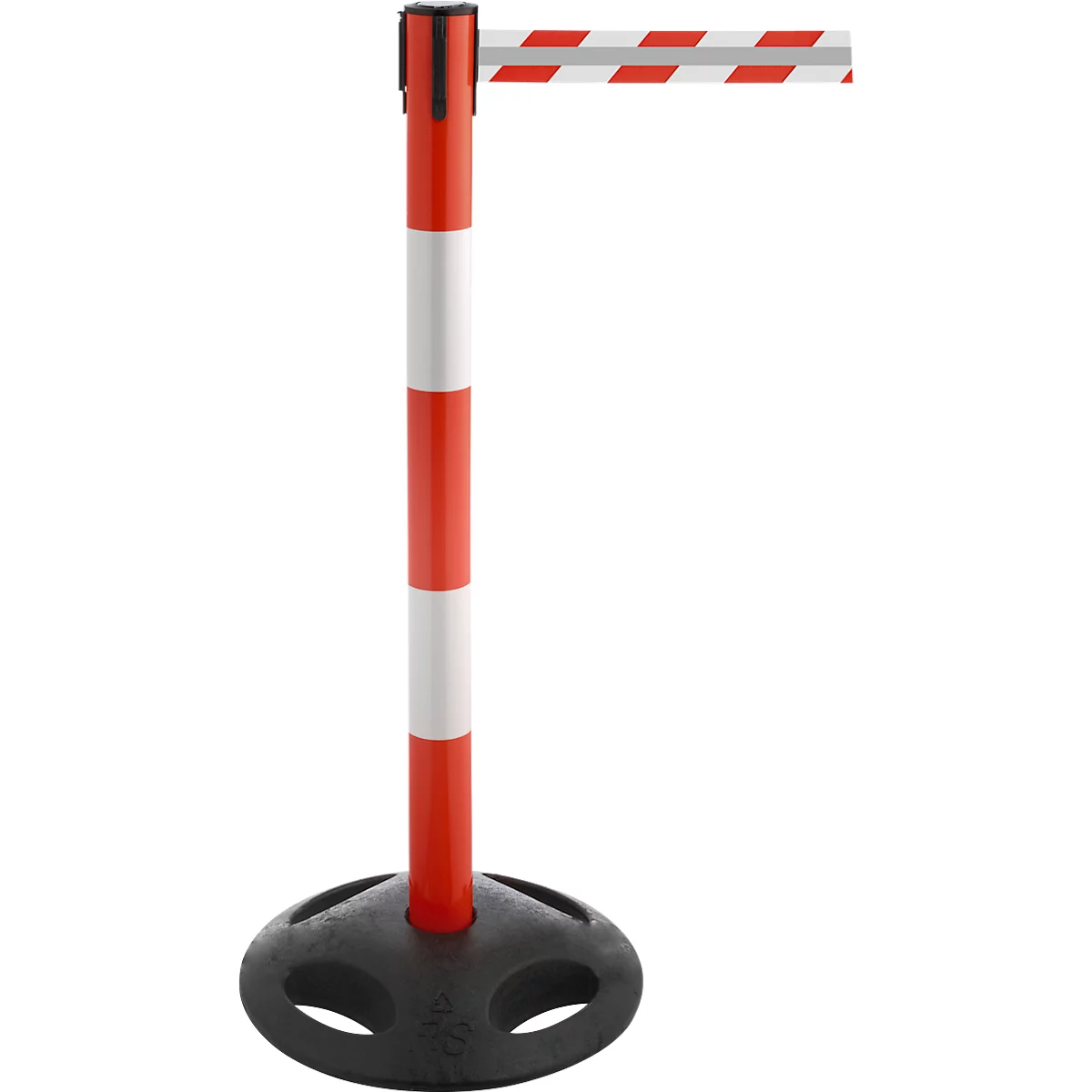 A red and white striped post with an extendable red and white striped band. Black base.