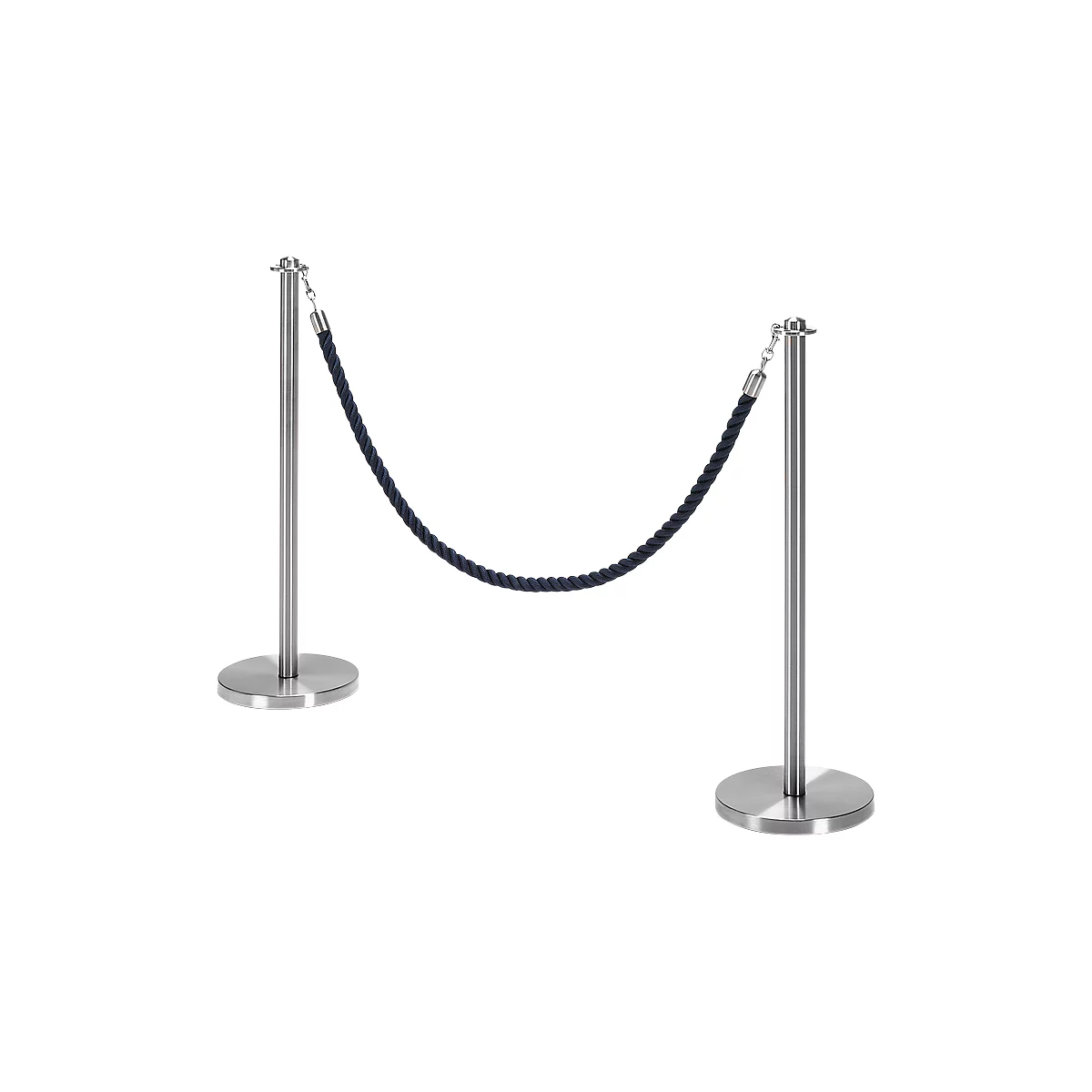 Two silver stanchions with dark blue rope. The rope is stretched between the posts.
