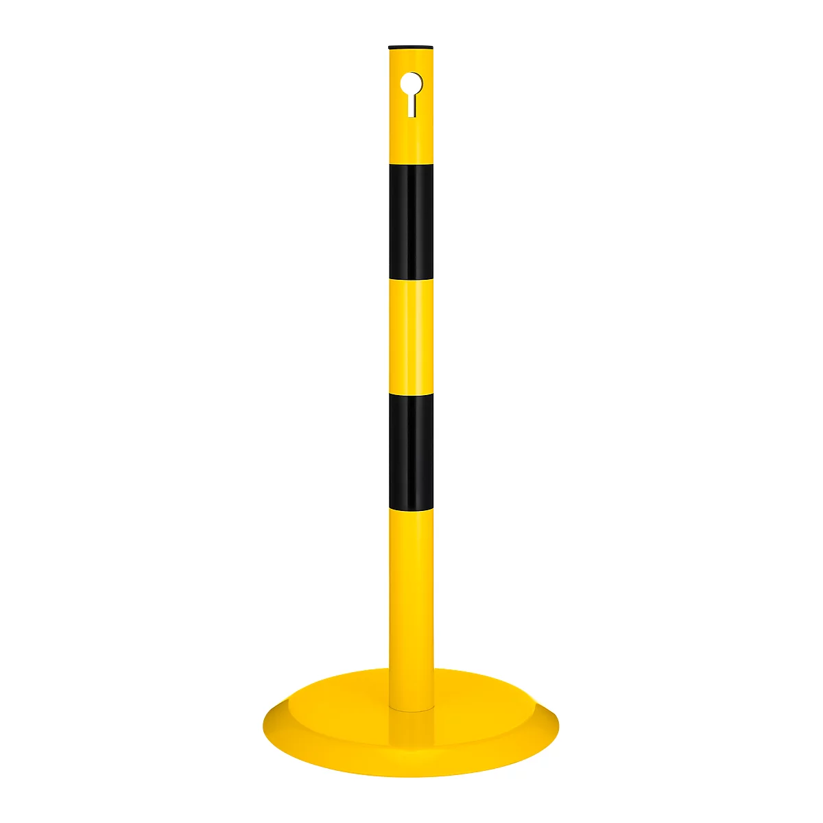 Yellow and black bollard with round base, standing vertically.