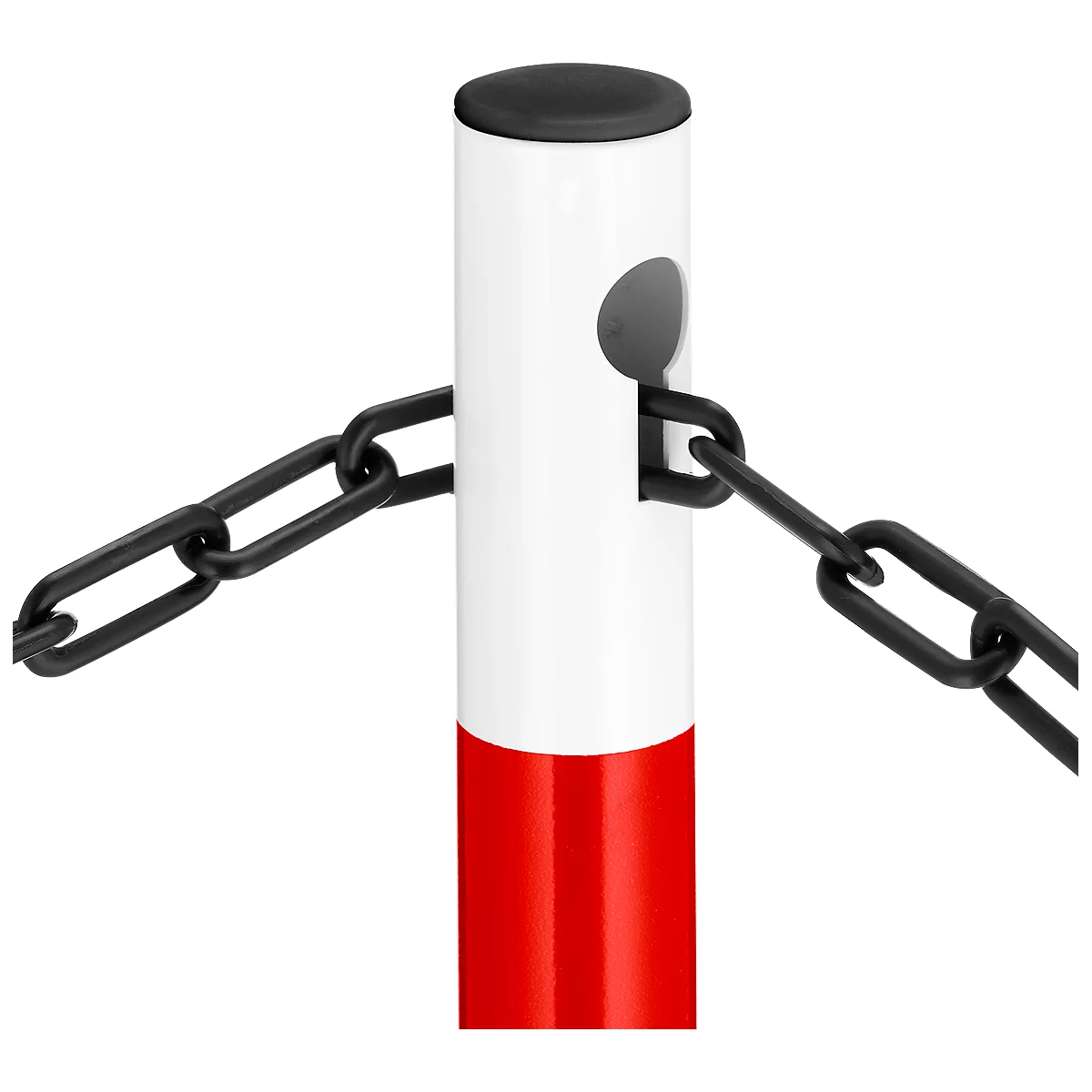 White and red bollard with black chain. A black lid is attached to the bollard, a hole is used to attach the chain.
