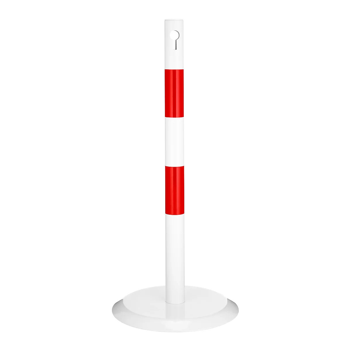 White and red bollard with rounded base and holder.