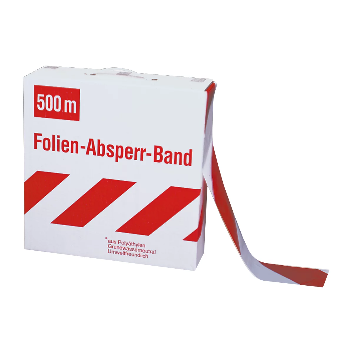 White box with red and white barrier tape. Inscription: 500m and Folien-Absperr-Band.