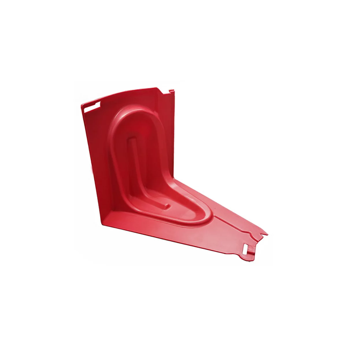 Pièce d'angle en plastique rouge. Formée avec des coins arrondis et un intérieur rectangulaire. Une fente allongée est découpée dans le coin.