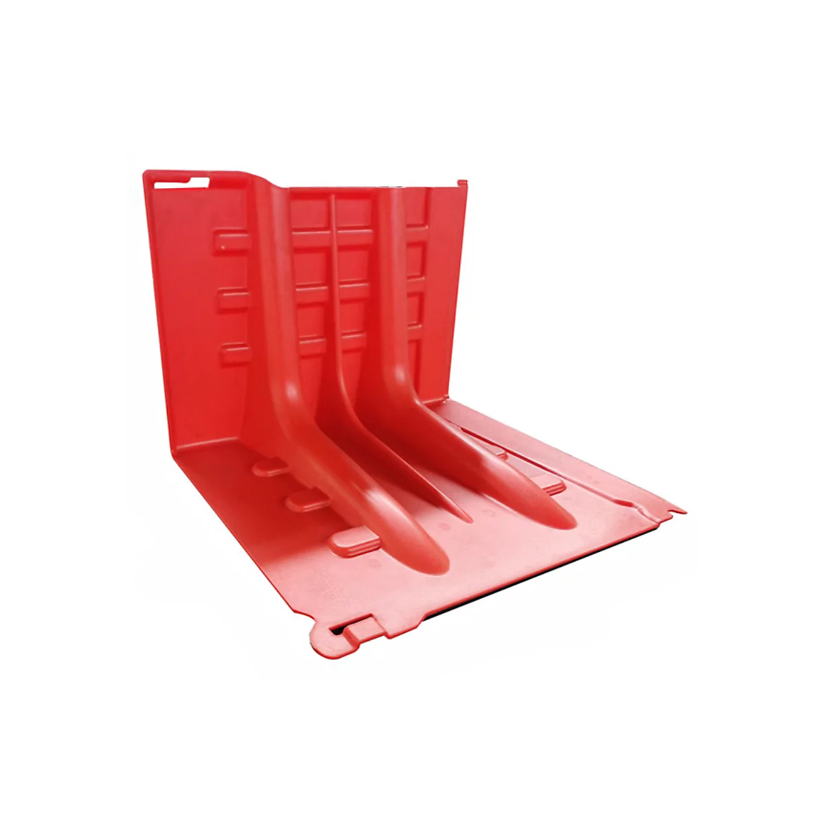 Barrière d'inondation rouge et angulaire. Dimensions : hauteur 52,8 cm, profondeur 68 cm, largeur 70,5 cm.