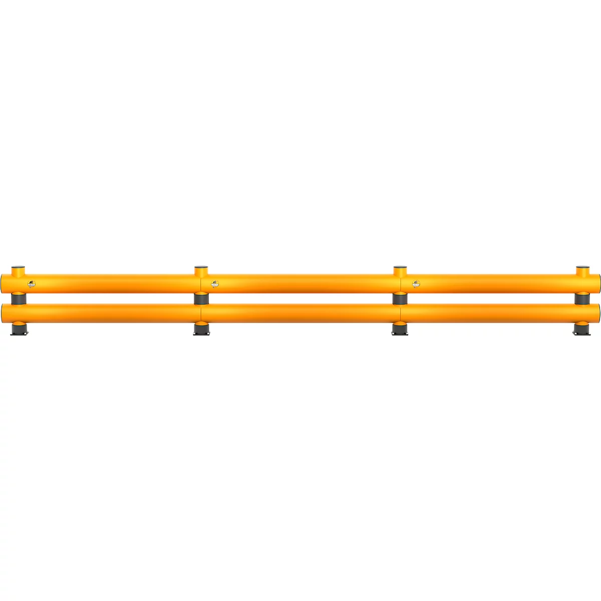 Barrière jaune avec deux barres parallèles reliées par des supports sombres.