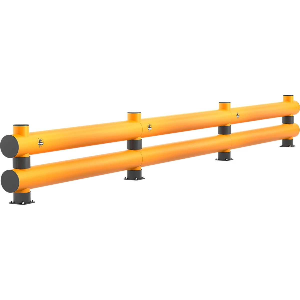 Barrière de sécurité jaune avec deux tubes reliés par des connecteurs noirs. Pieds gris soutenant la structure.