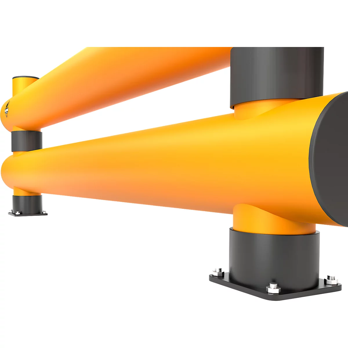 Détail d'une barrière de sécurité jaune : Tubes ronds avec des connecteurs et des bases noirs, sur fond blanc.