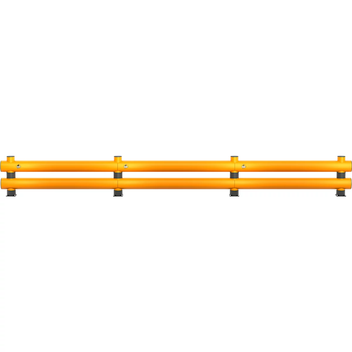 Glissière de sécurité jaune avec deux tubes parallèles reliés par des poteaux noirs.
