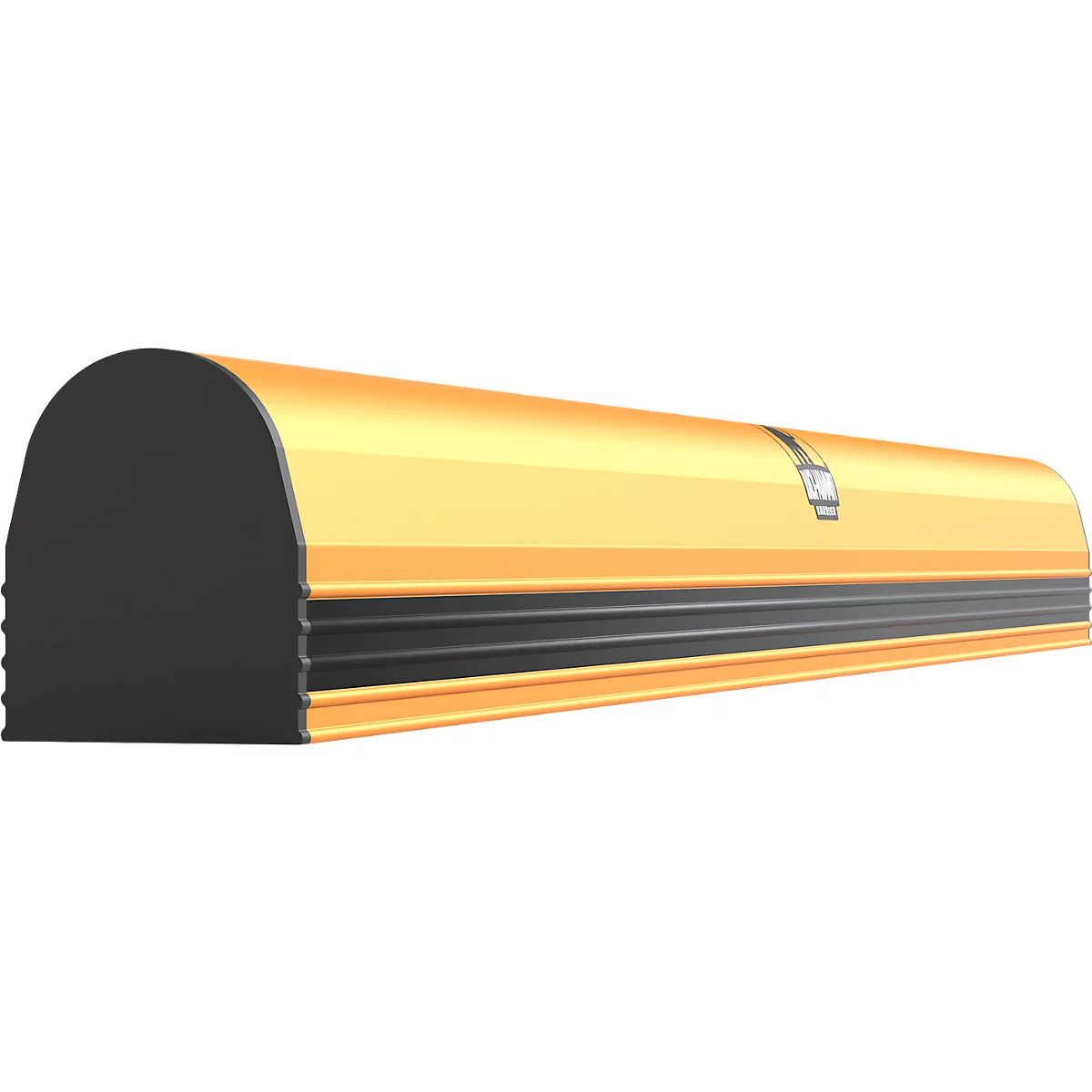 Objet jaune allongé, semi-circulaire, avec une extrémité noire et deux lignes noires.