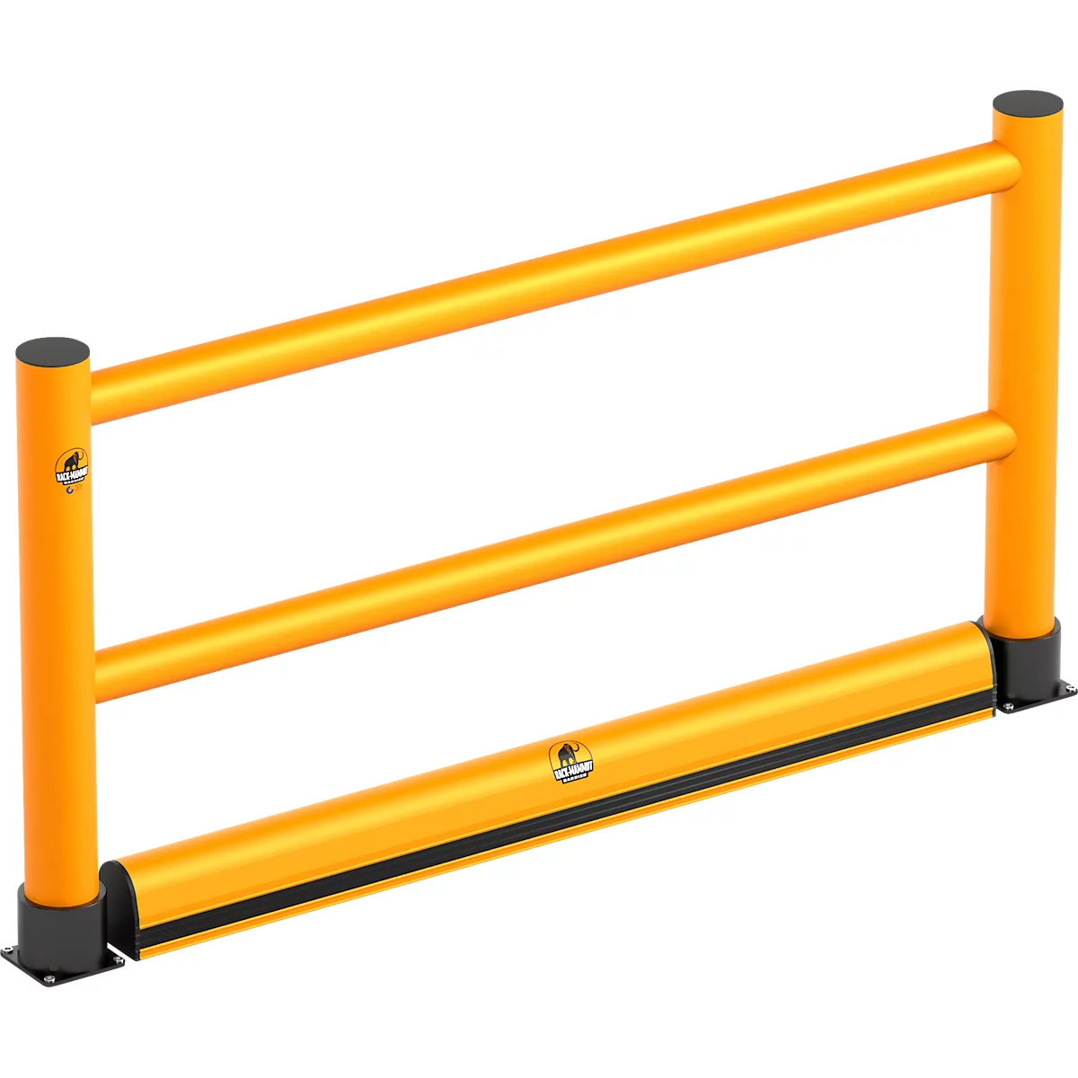 Barrière de sécurité jaune avec trois tubes horizontaux et des éléments noirs aux extrémités. Un logo est visible.
