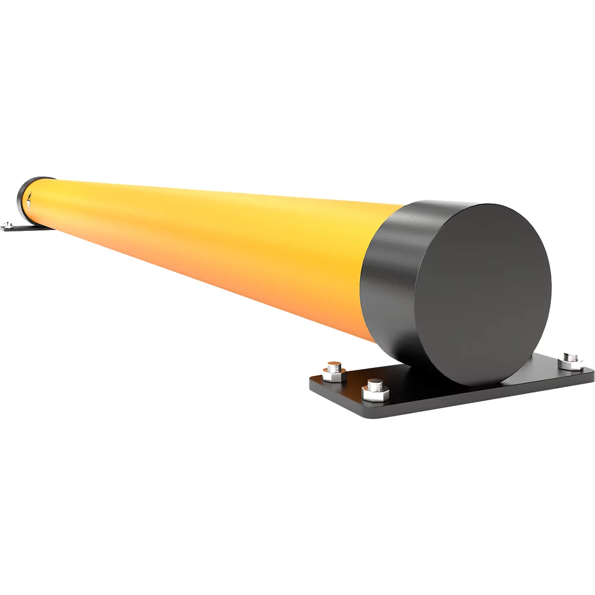 Objet cylindrique jaune avec des extrémités noires et un support.