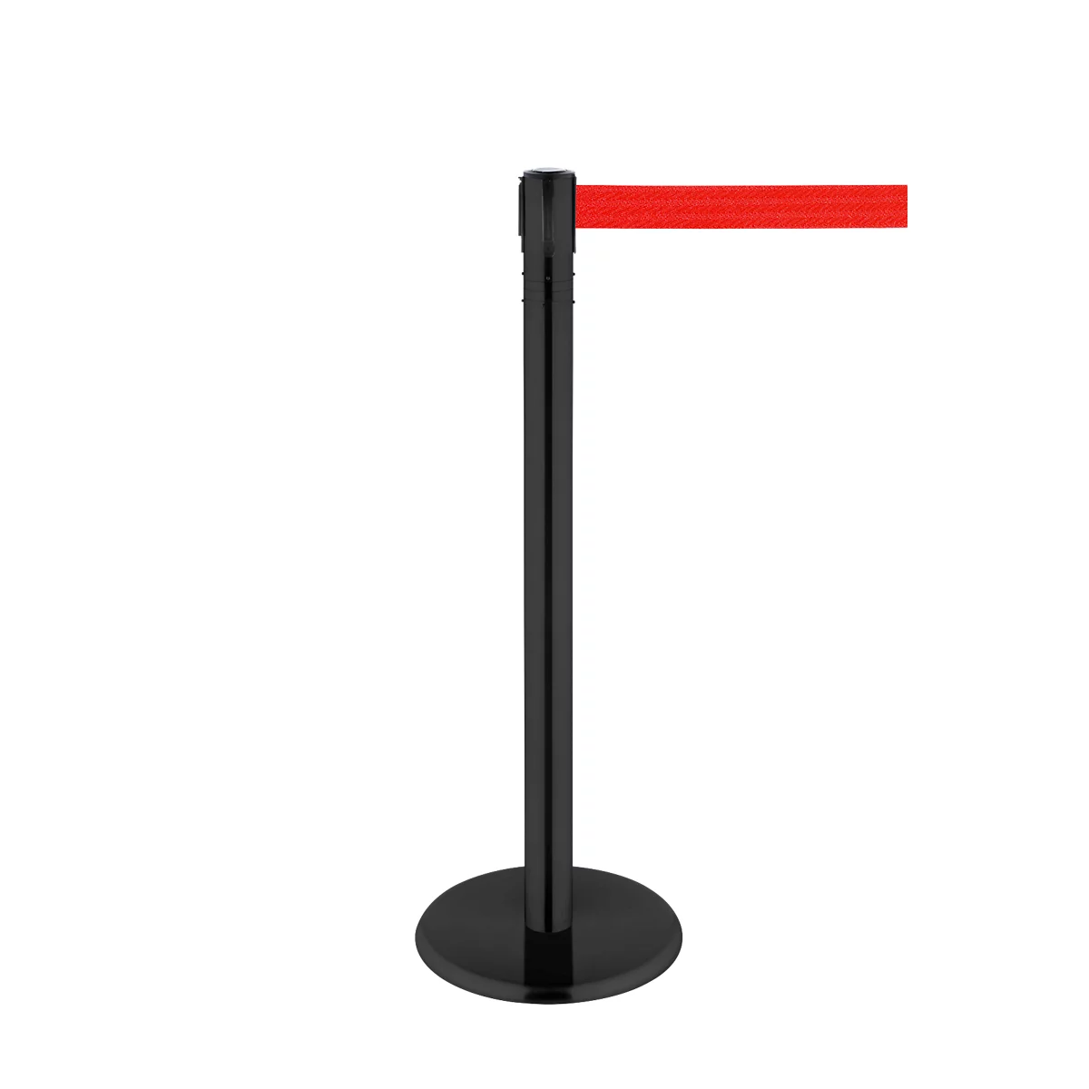 Barrière, tête pivotante à 360°, courroie extensible à 2,3 m, cassette de courroie et frein, L 1000 mm, métal, courroie rouge