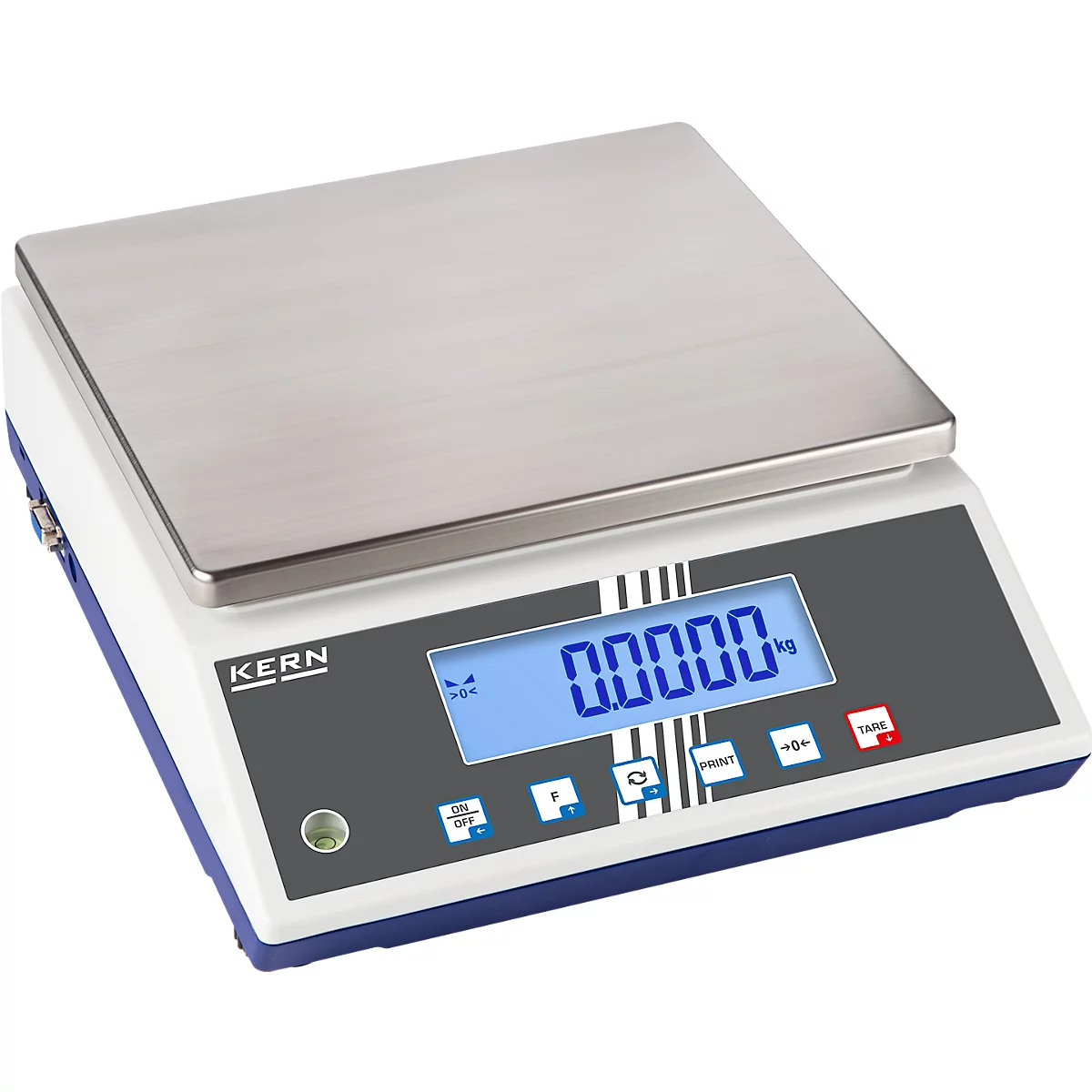 Balanza de precisión digital que muestra 0,00000 kg. La balanza es blanca, azul y gris con botones y una placa de pesaje de acero inoxidable.