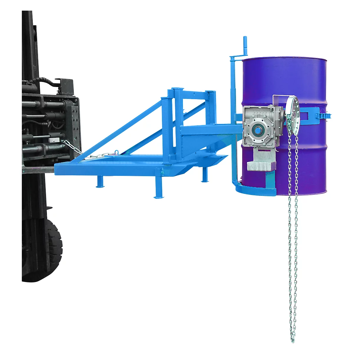 Basculeur de fûts Bauer type FD/L, pour fûts de 110 à 220 l, 360 kg, basculement à 270°, avec chaîne sans fin, montage sur chariot élévateur, bleu clair RAL 5012
