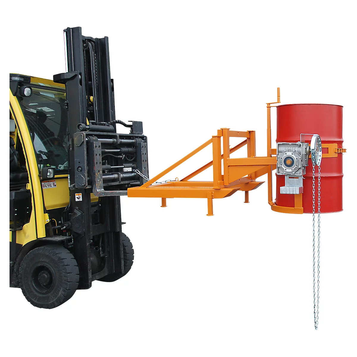 Basculeur de fûts Bauer type FD/L, pour fûts de 110 à 220 l, 360 kg, basculement à 270°, avec chaîne sans fin, montage sur chariot élévateur, jaune-orange RAL 2000