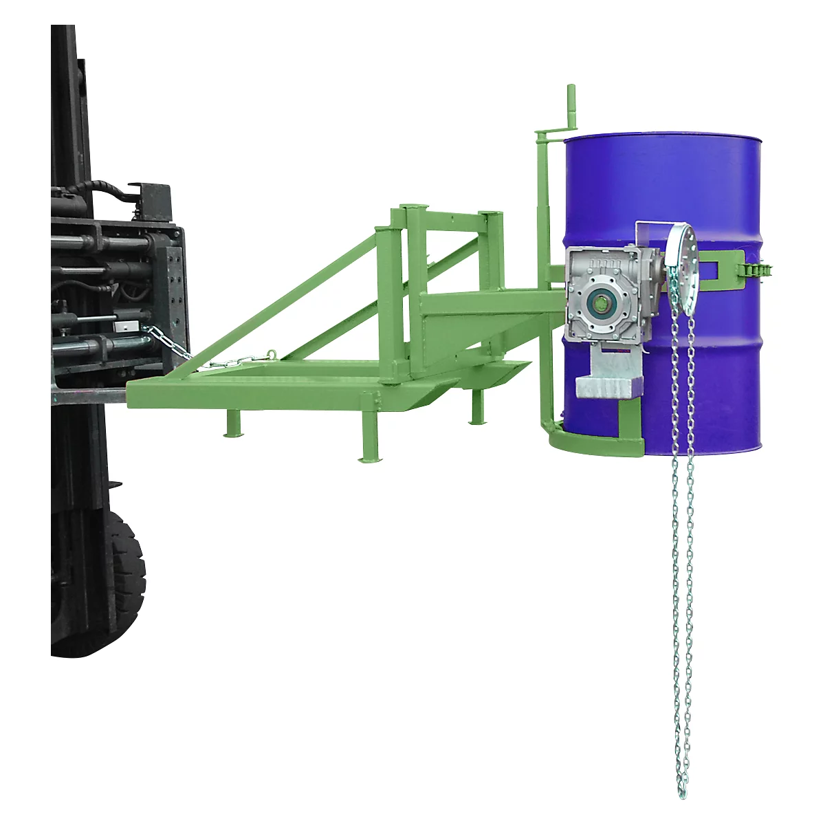 Basculeur de fûts Bauer type FD/L, pour fûts de 110 à 220 l, 360 kg, basculement à 270°, avec chaîne sans fin, montage sur chariot élévateur, vert réséda RAL 6011