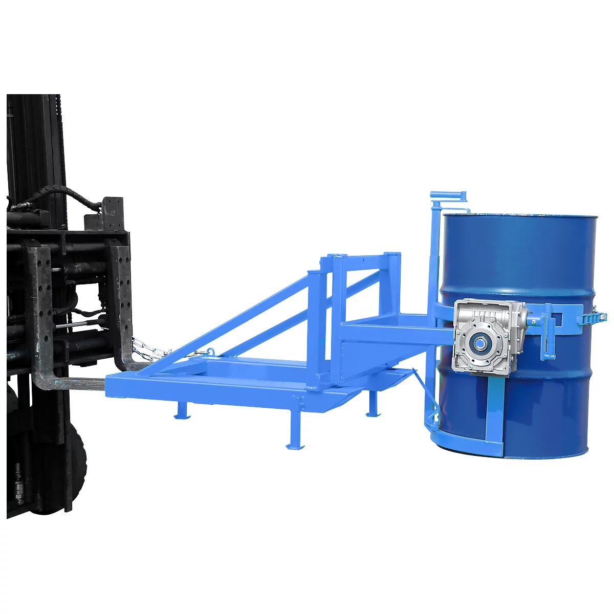 Basculeur de fûts Bauer type FD/L, pour fûts de 110 à 220 l, 360 kg, basculement à 270°, avec manivelle, montage sur chariot élévateur, bleu clair RAL 5012