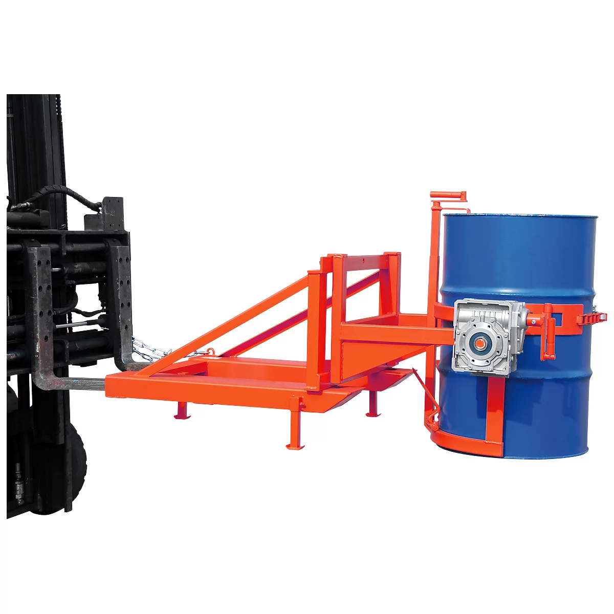 Basculeur de fûts Bauer type FD/L, pour fûts de 110 à 220 l, 360 kg, basculement à 270°, avec manivelle, montage sur chariot élévateur, rouge feu RAL 3000