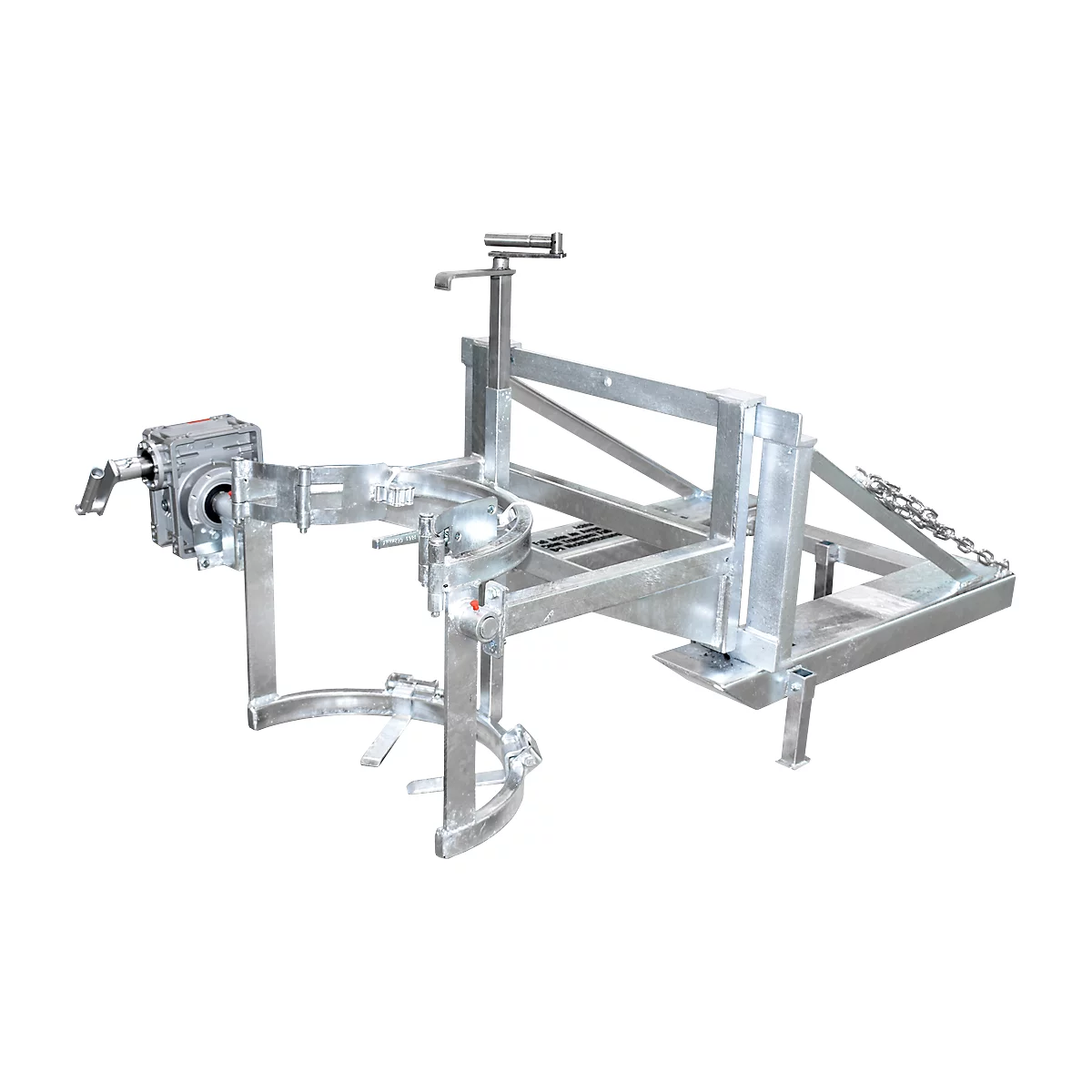 Basculeur de fûts Bauer type FD/L, pour fûts de 110 à 220 l, 360 kg, basculement à 270°, avec manivelle, support pour chariot élévateur, galvanisé