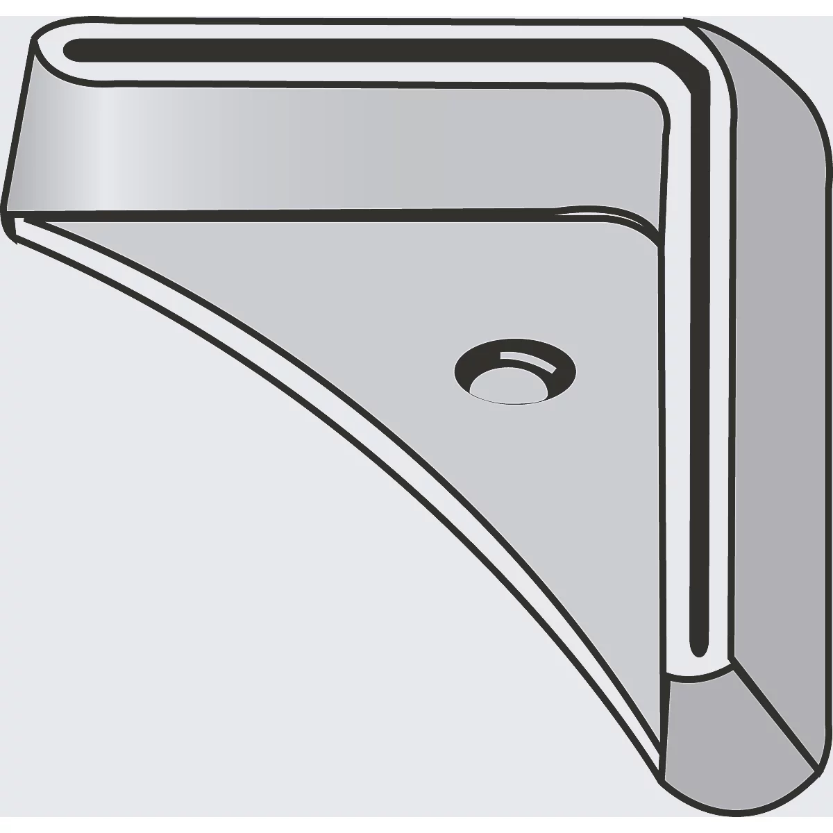 Metal corner bracket, grey, with a hole for fixing. Angular shape, rounded edges.