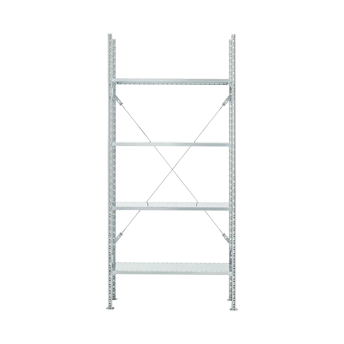 A grey metal shelving unit with four shelves and diagonal bracing. The side parts are perforated.