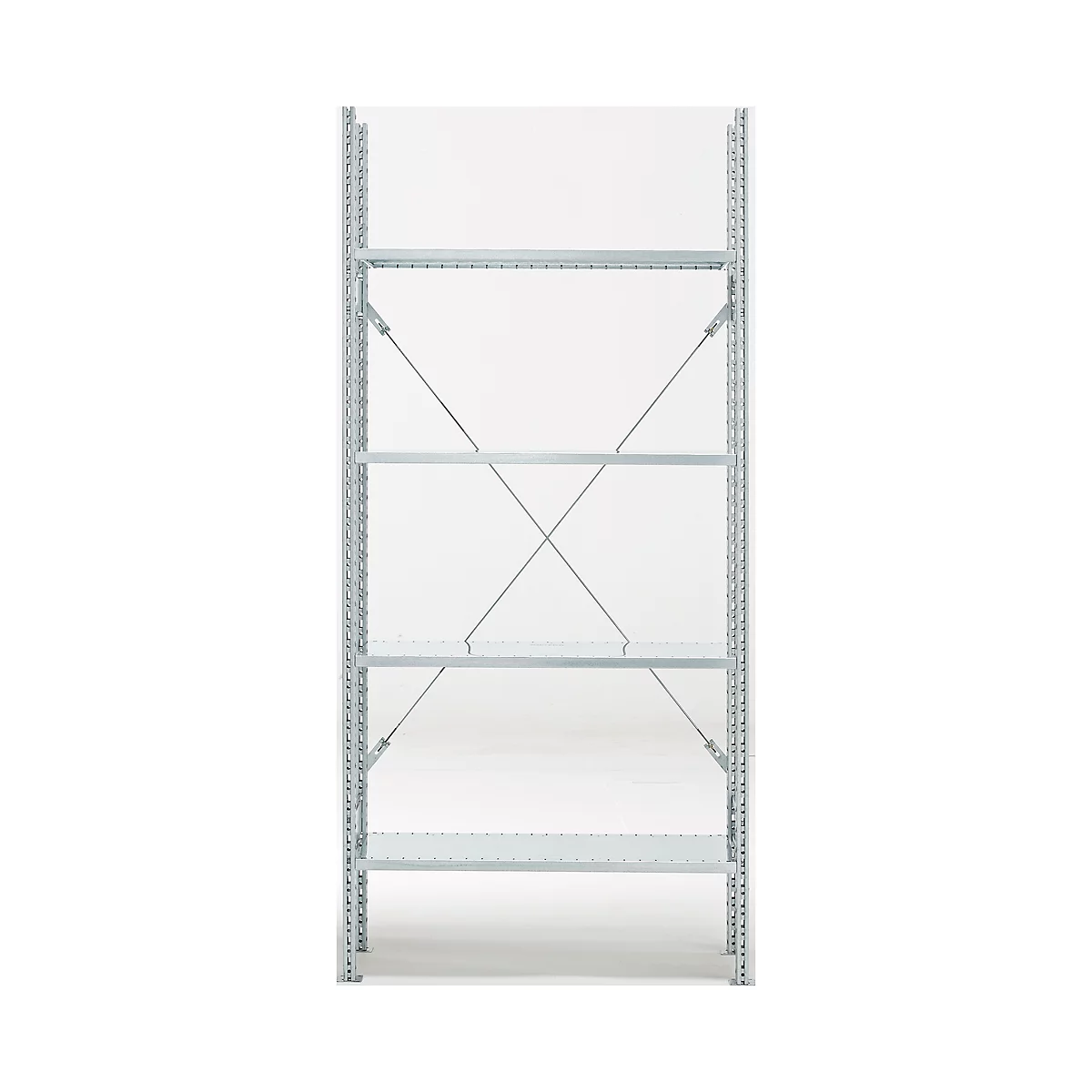 An empty grey metal shelf with five levels stands against a white background.