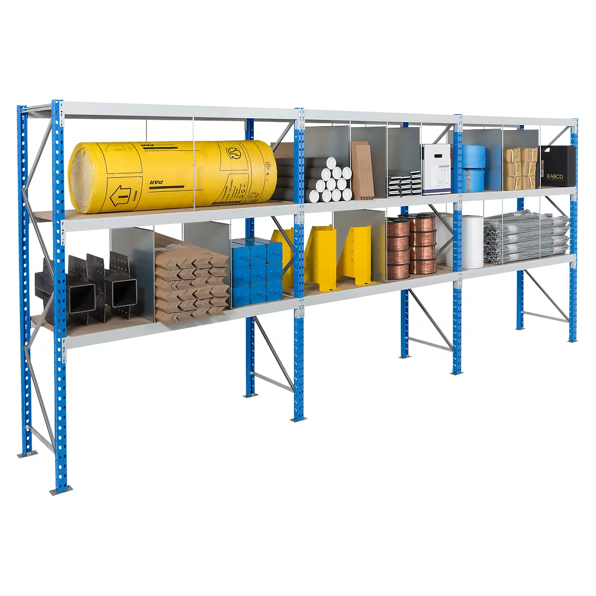 Metal shelving with stored goods: pipes, rolls, boxes, etc.