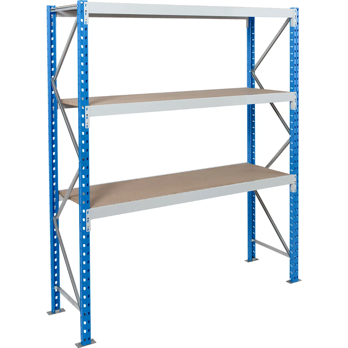 A blue and silver shelving system with three levels. The shelves are brown, the frame is metallic.