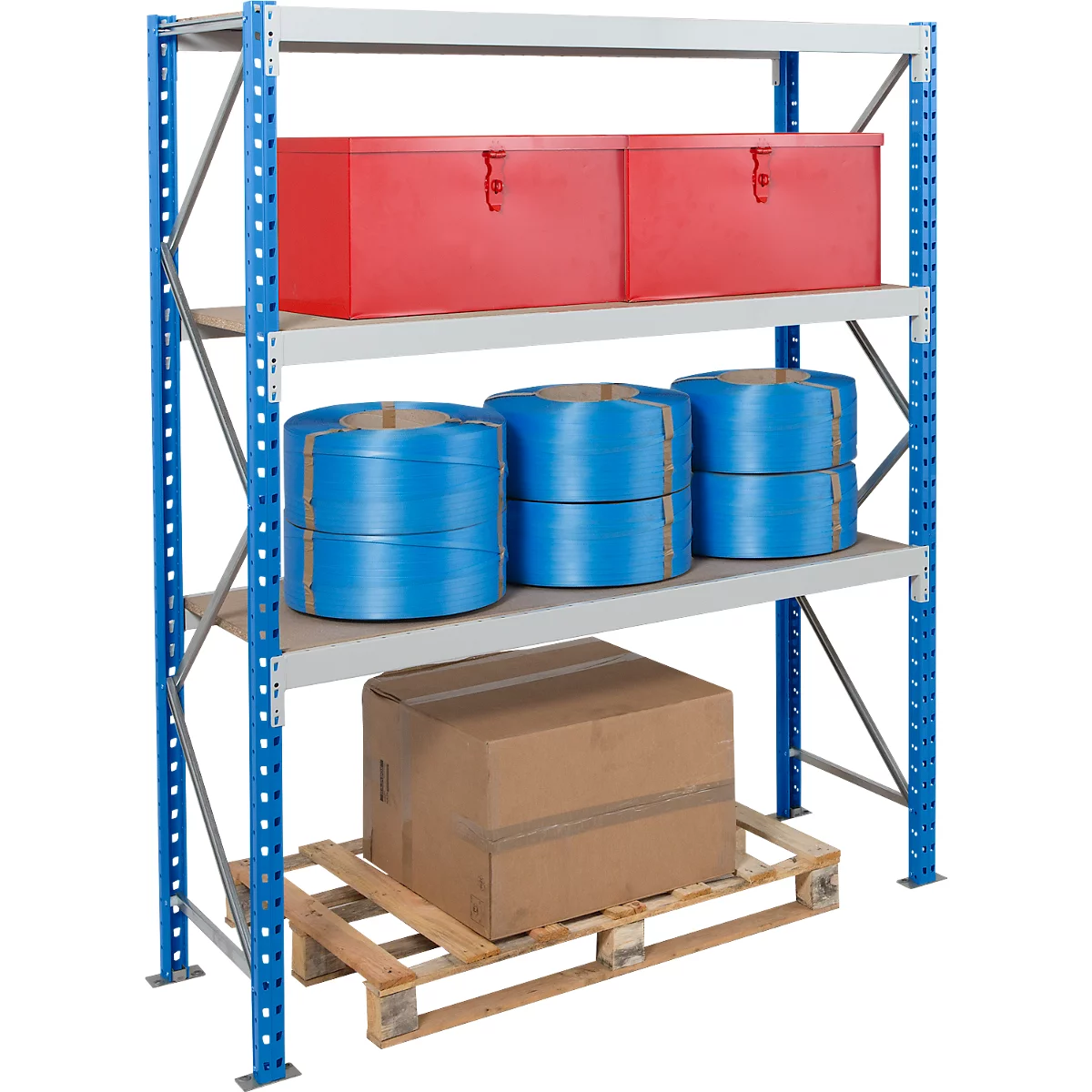 A storage rack with red toolboxes, blue rolls, and a cardboard box on a pallet.
