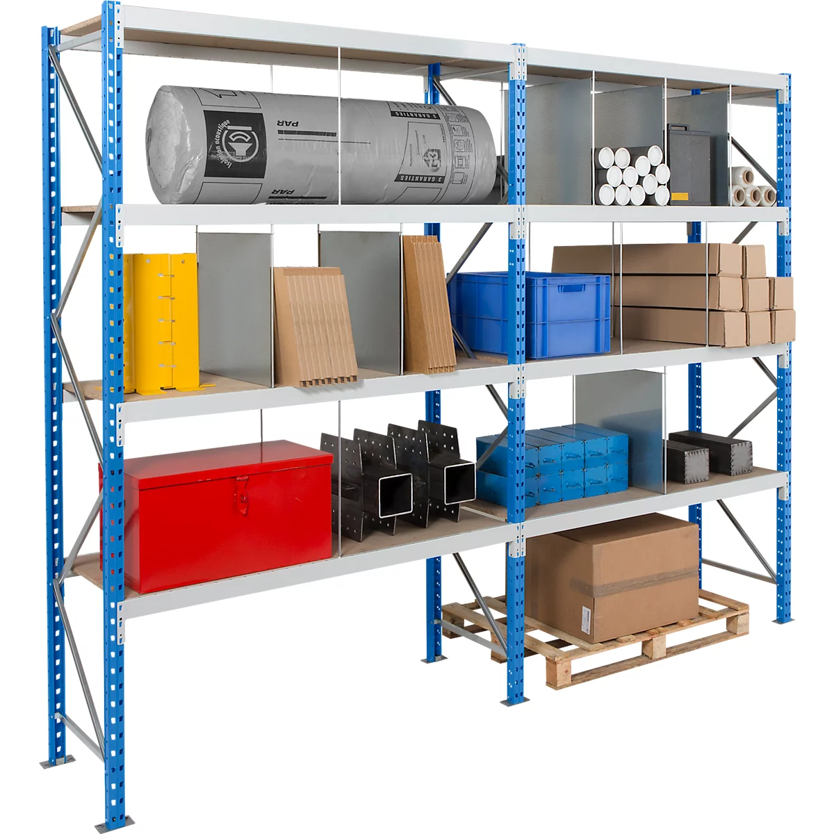 Multi-tiered storage rack with blue painted struts. It's filled with various materials and tools.