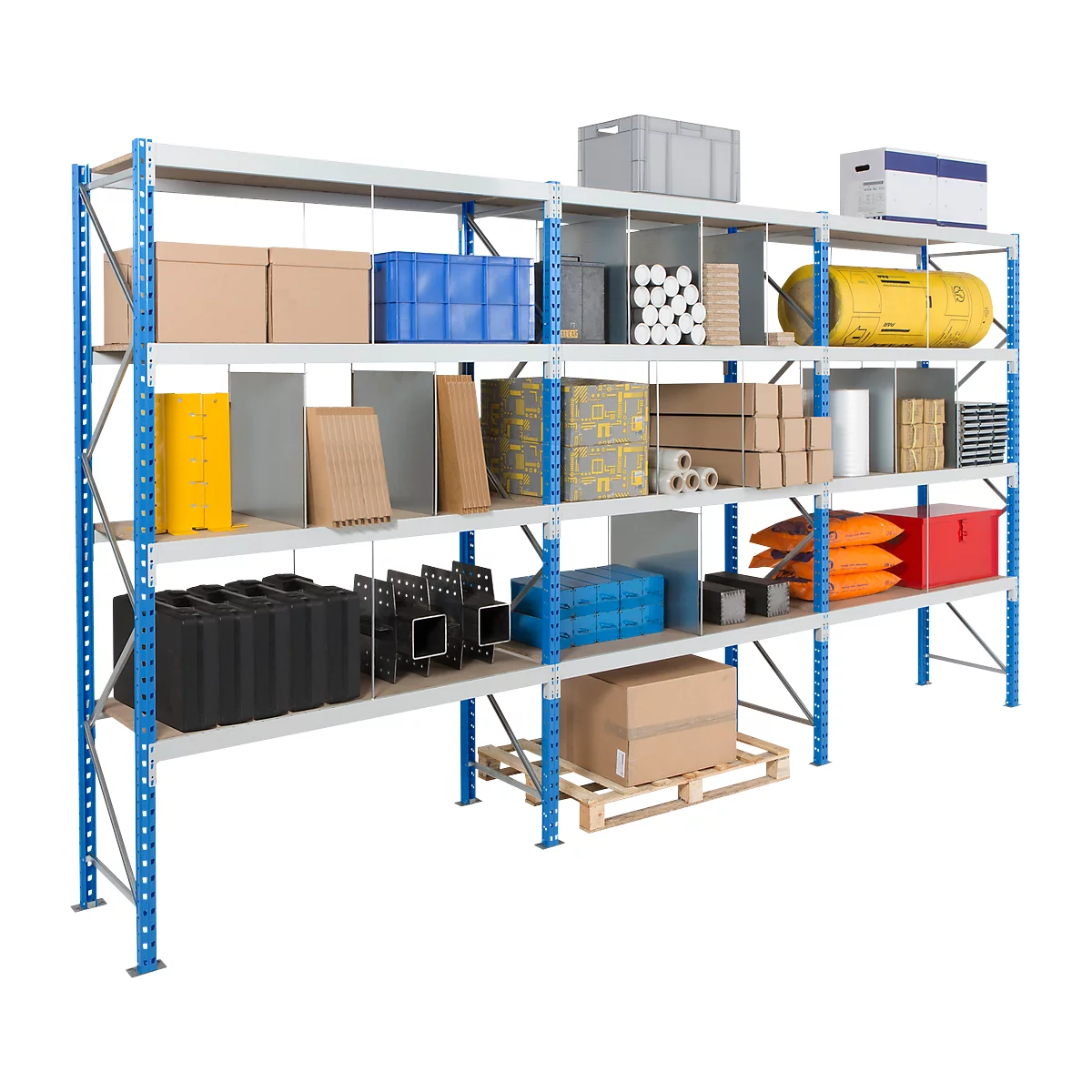 Shelving unit with various goods, including boxes, cartons, rolls, and other items.