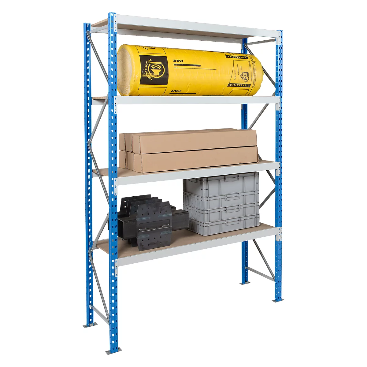 A blue and silver storage rack with yellow and brown products on the shelves.