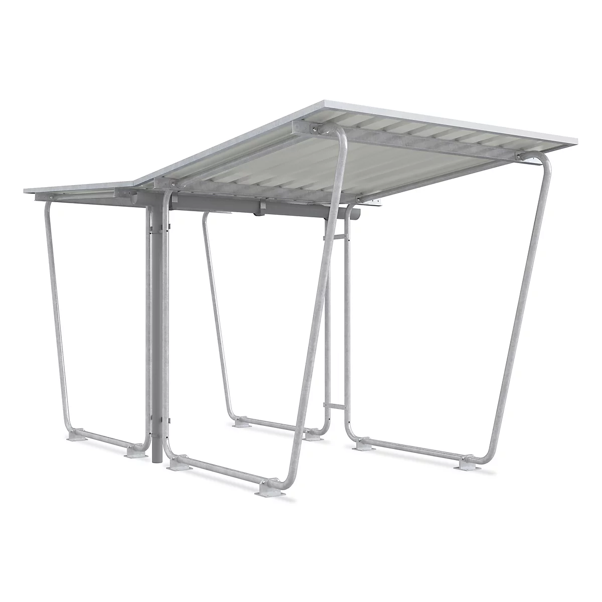 Metal bicycle shelter. It has a slightly sloping roof and an open structure.