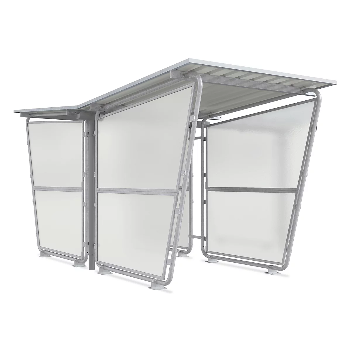 A grey, metal waiting shelter with transparent plastic walls and a roof. The shelter is free-standing.