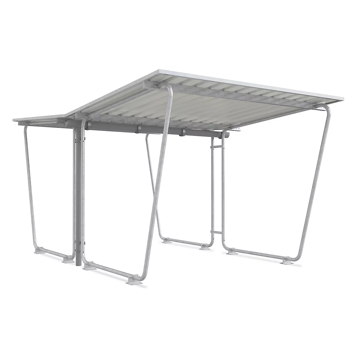 Gray bike shelter with corrugated roof on white background.