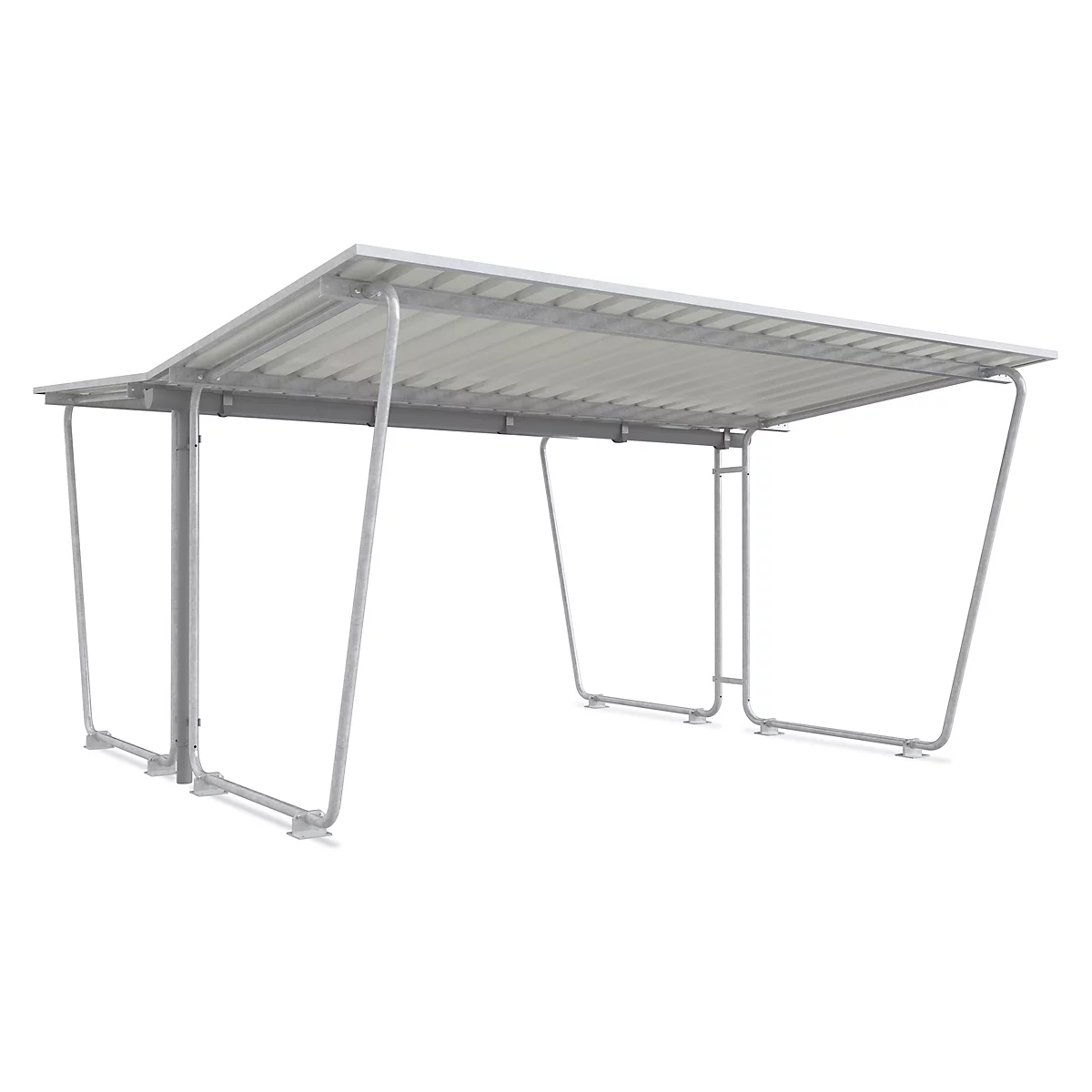 Metal carport with gray roof. Freestanding, with support pillars.