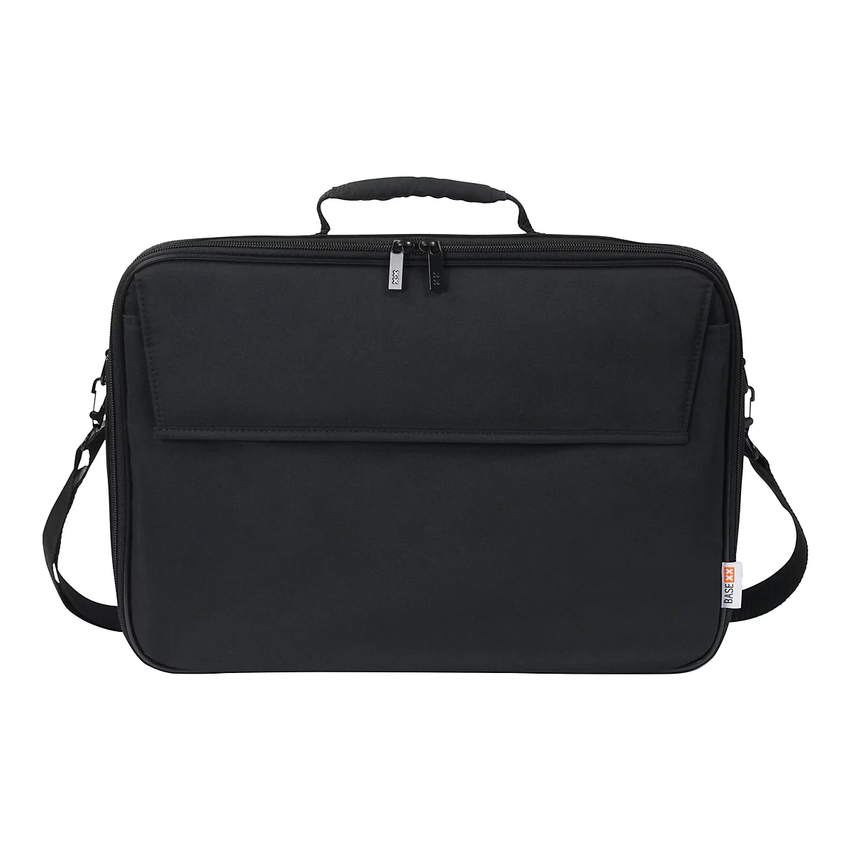 Schwarze Laptoptasche mit Tragegriff, Reißverschluss und Schultergurt. Die Tasche hat eine aufgesetzte Tasche mit Logo.