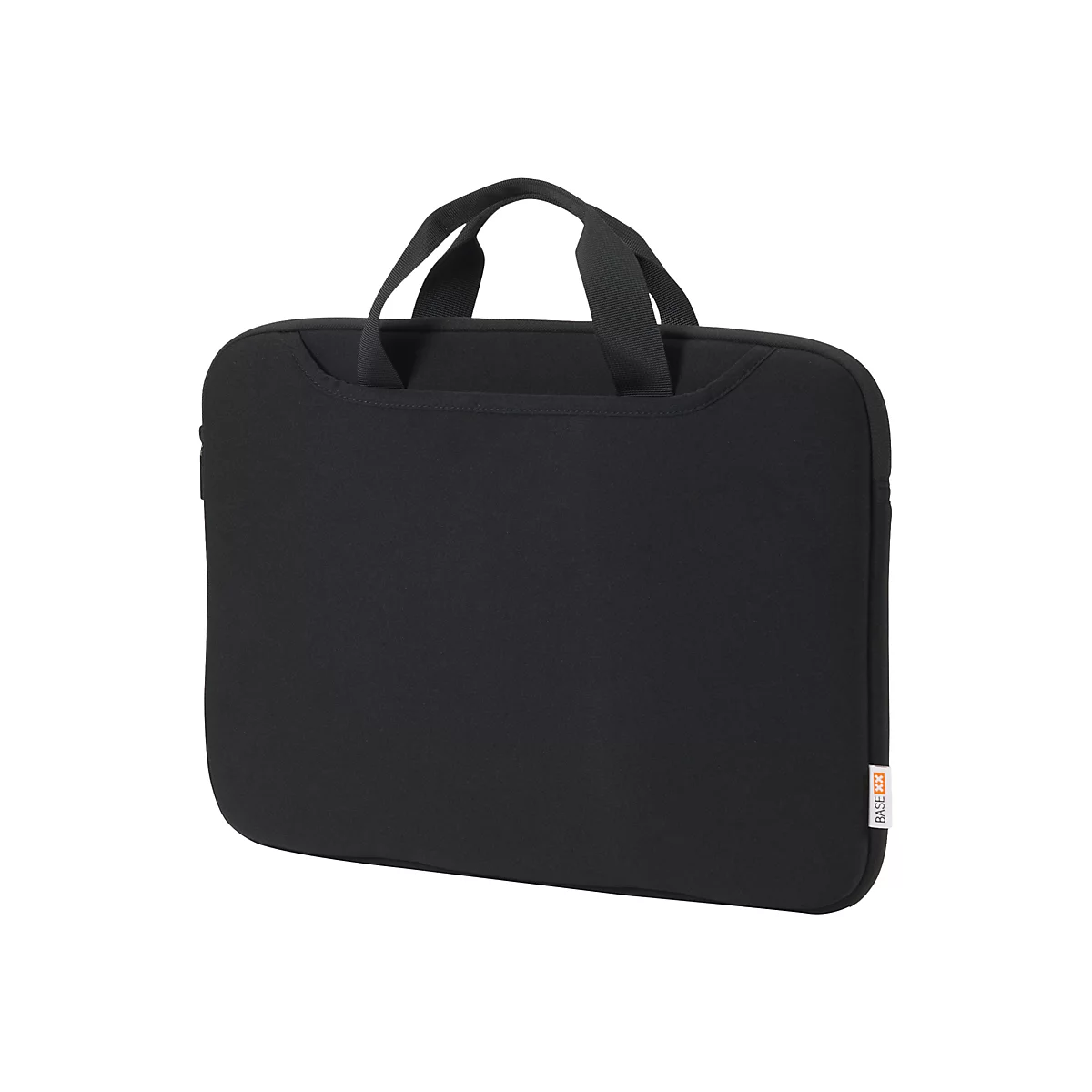 Schwarze Laptoptasche mit Tragegriff. Auf der Seite ist der Markenname BASE XX aufgedruckt.