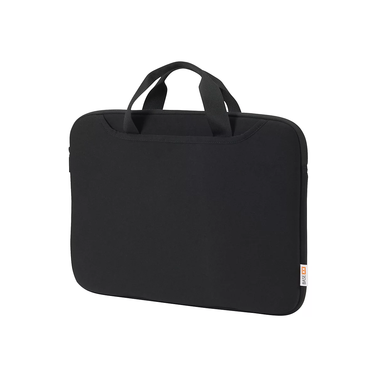 Schwarze Laptoptasche mit Tragegriff. Auf der Seite ist ein BASE XX Logo zu sehen.