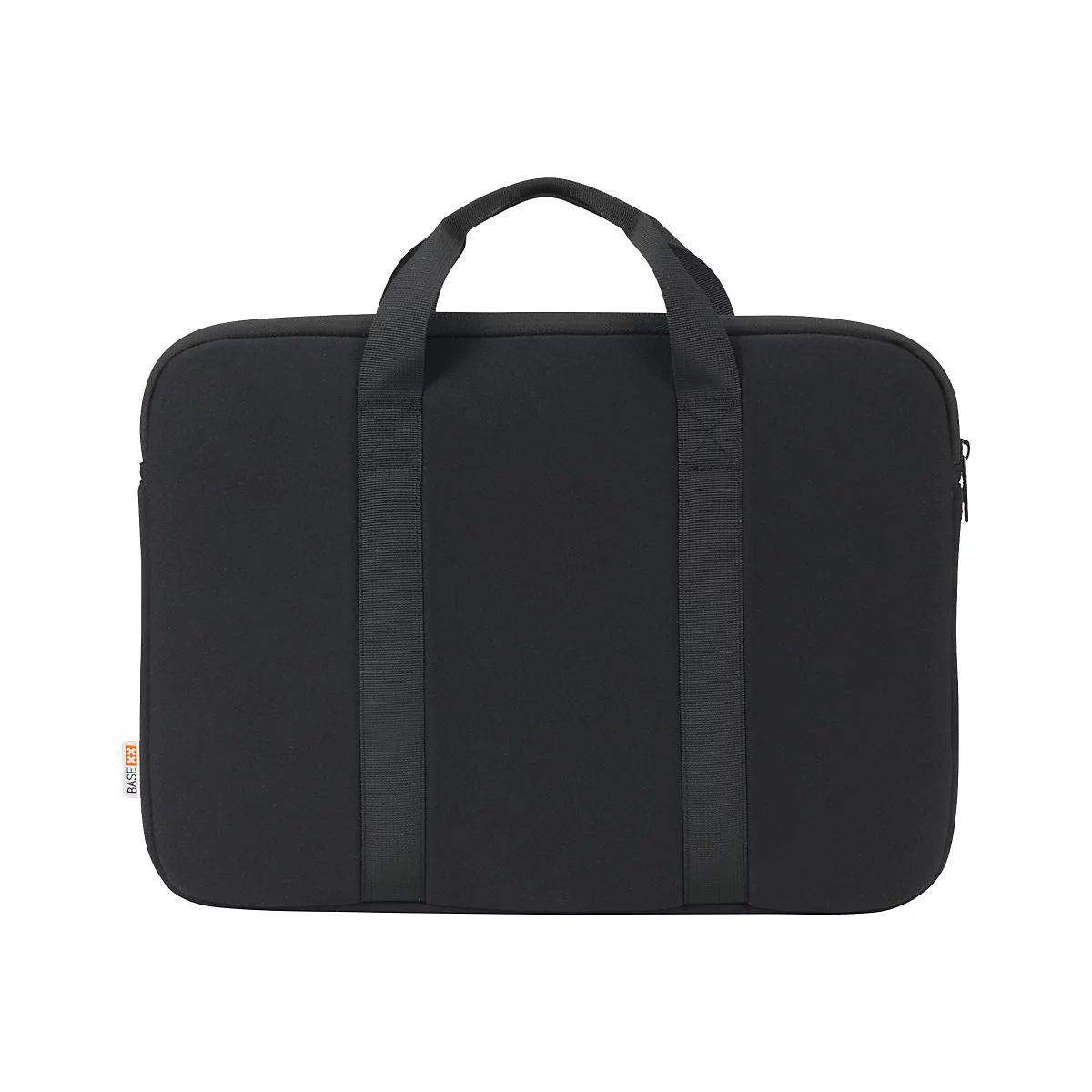 Schwarze Laptoptasche mit Tragegriff. Auf der linken Seite steht BASE XX.