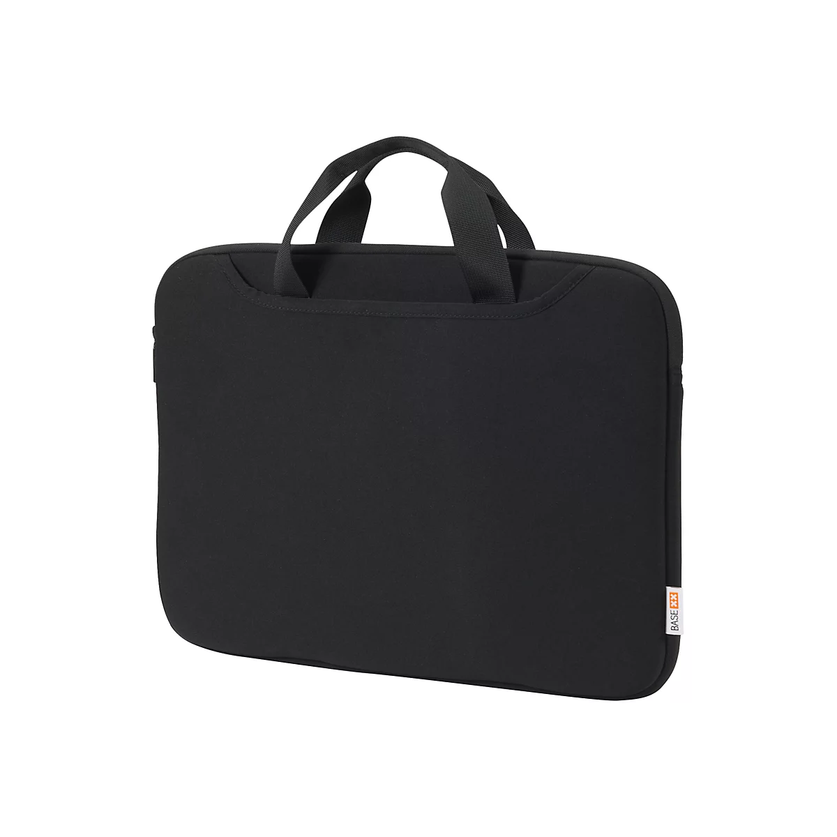 Schwarze Laptoptasche mit Tragegriff. Auf der Seite ist ein Logo. 