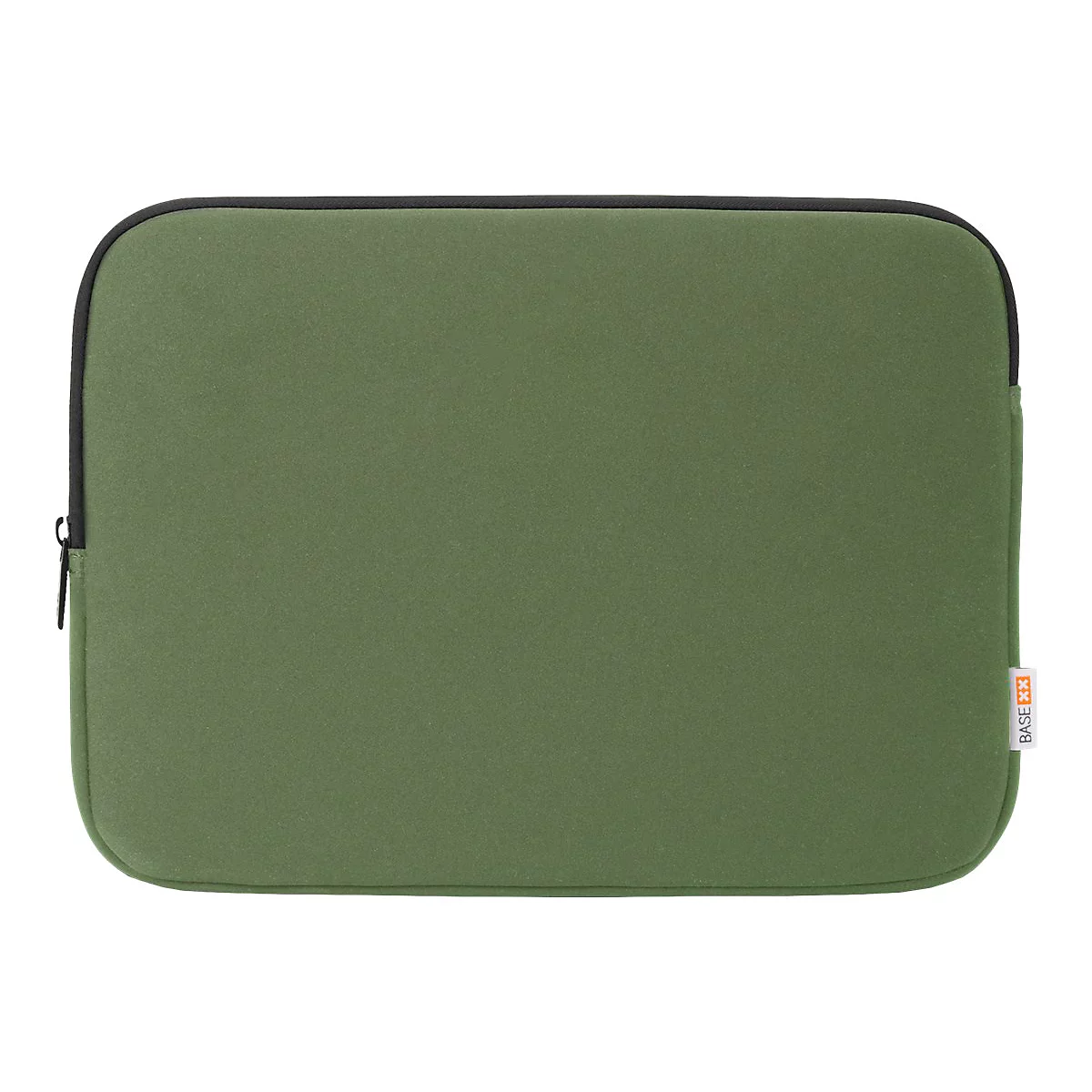 Olivegrüne Laptoptasche mit schwarzem Reißverschluss und Saum. Am Rand steht das Logo BASE XX.