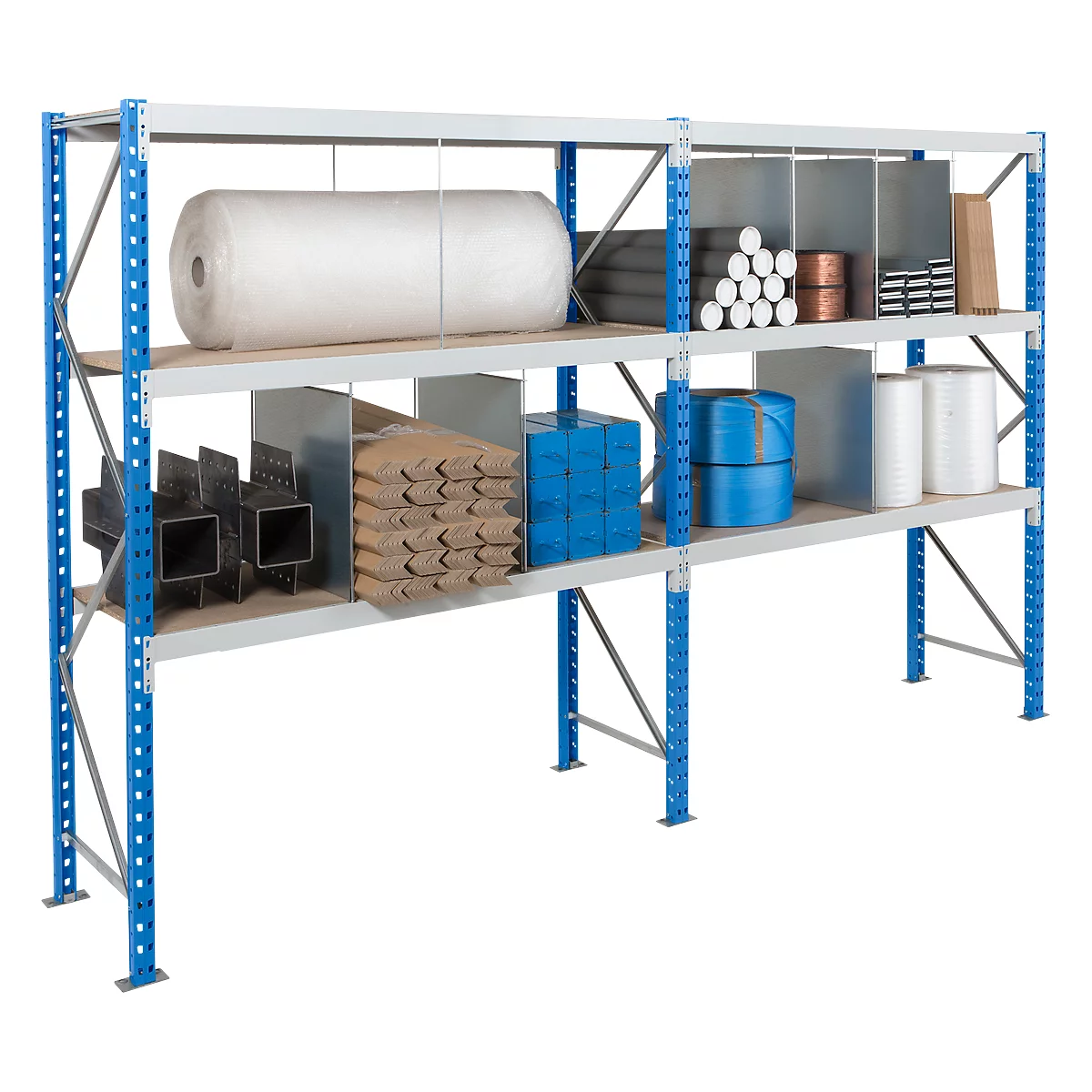 A storage rack with a blue and white frame. It contains various materials such as rolls, sacks and boxes.