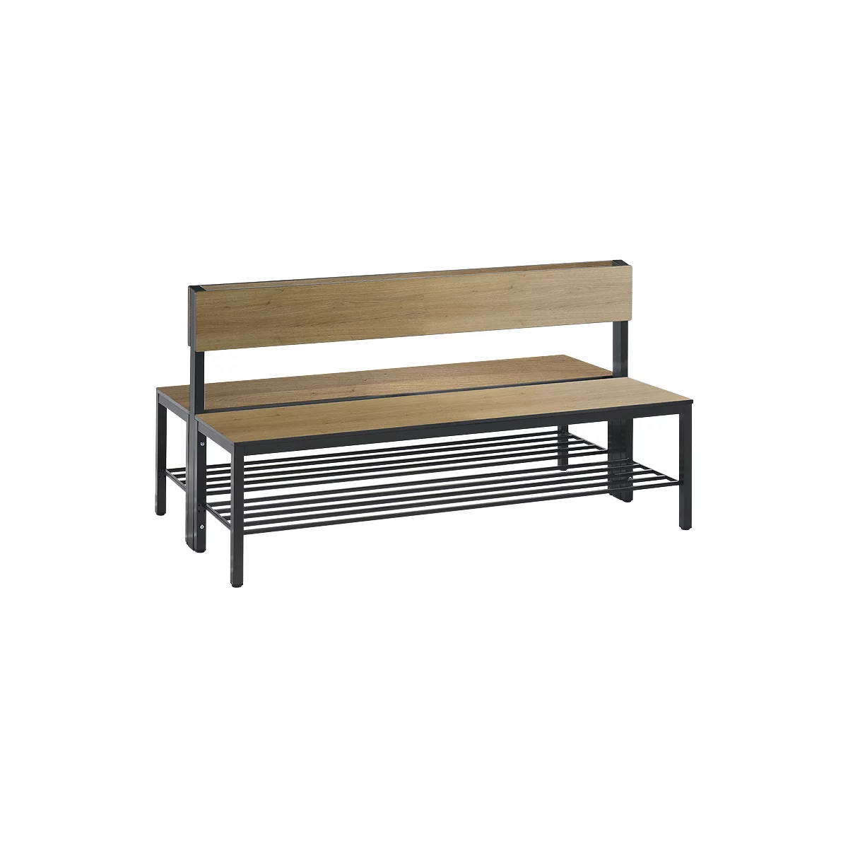 Basic Plus bank, 2-zijdig, met rugleuning en schoenenrek, 4-poots frame zwart-grijs RAL 7021, B 1500 mm, eiken Ser.