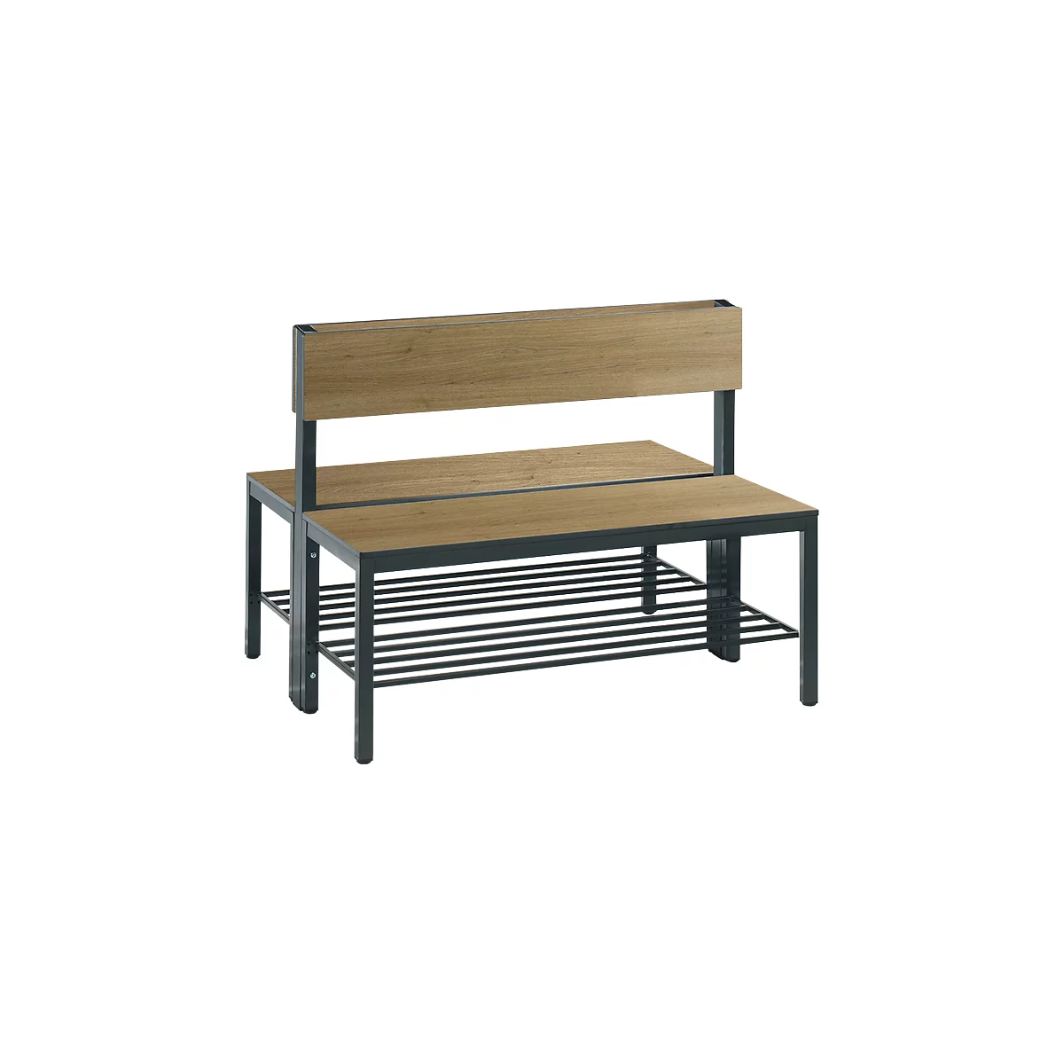 Basic Plus bank, 2-zijdig, met rugleuning en schoenenrek, 4-poots frame zwartgrijs RAL 7021, B 1000 mm, eiken Ser.