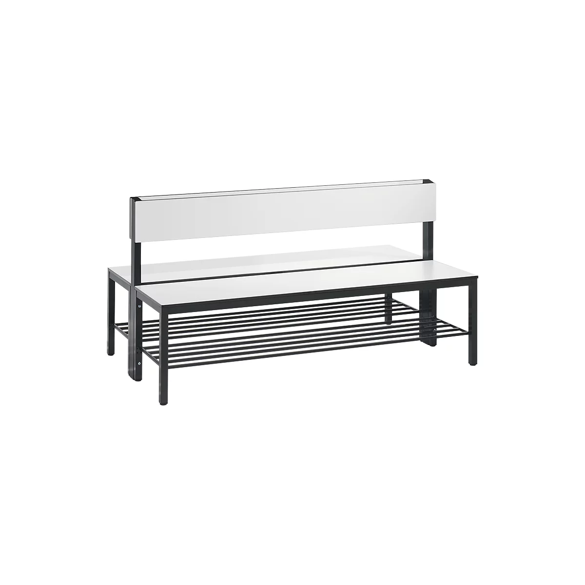 Basic Plus bank, 2-zijdig, met rugleuning en schoenenrek, 4-poots frame zwartgrijs RAL 7021, B 1500 mm, decor wit