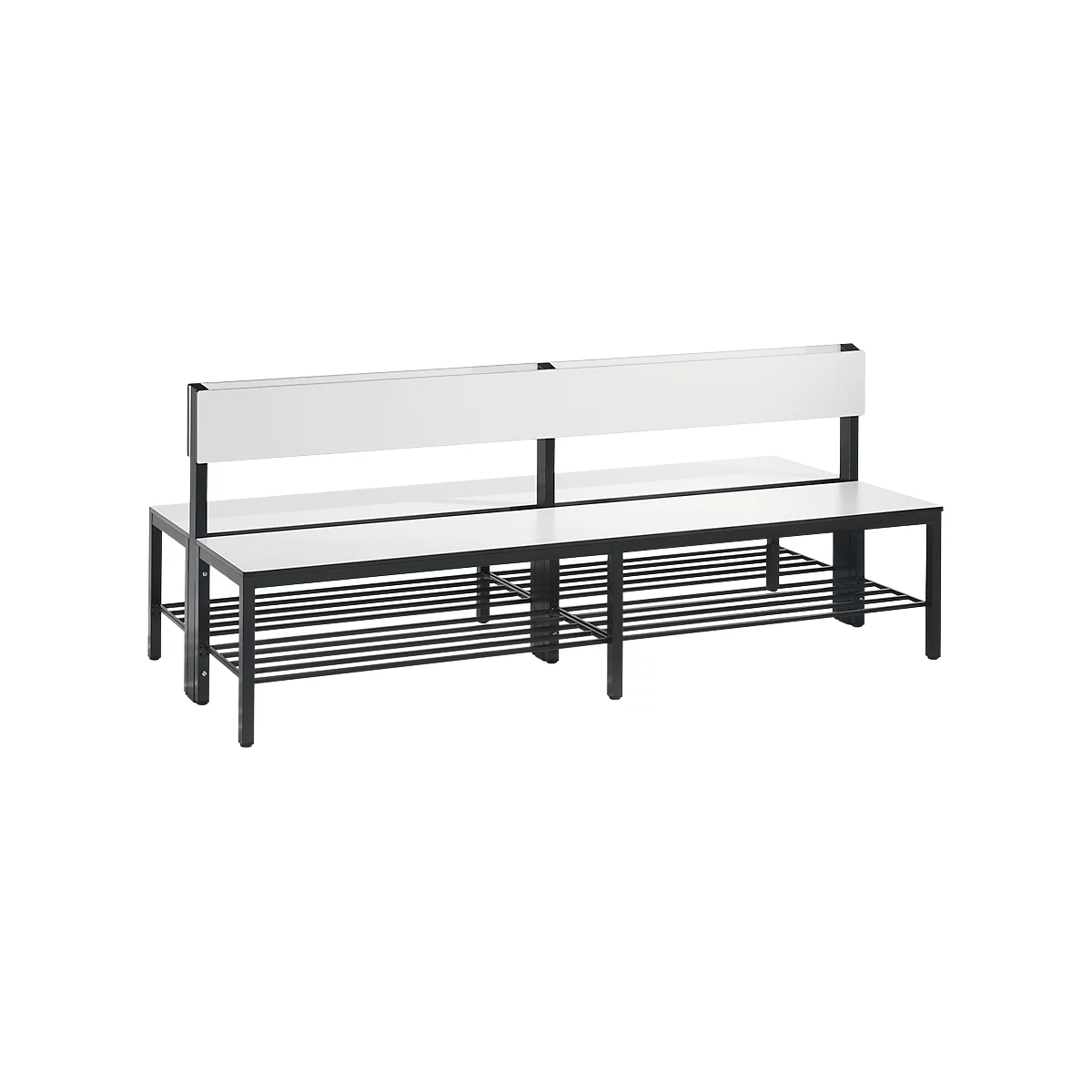 Basic Plus bank, 2-zijdig, met rugleuning en schoenenrek, 4-poots frame zwartgrijs RAL 7021, B 1960 mm, decor wit