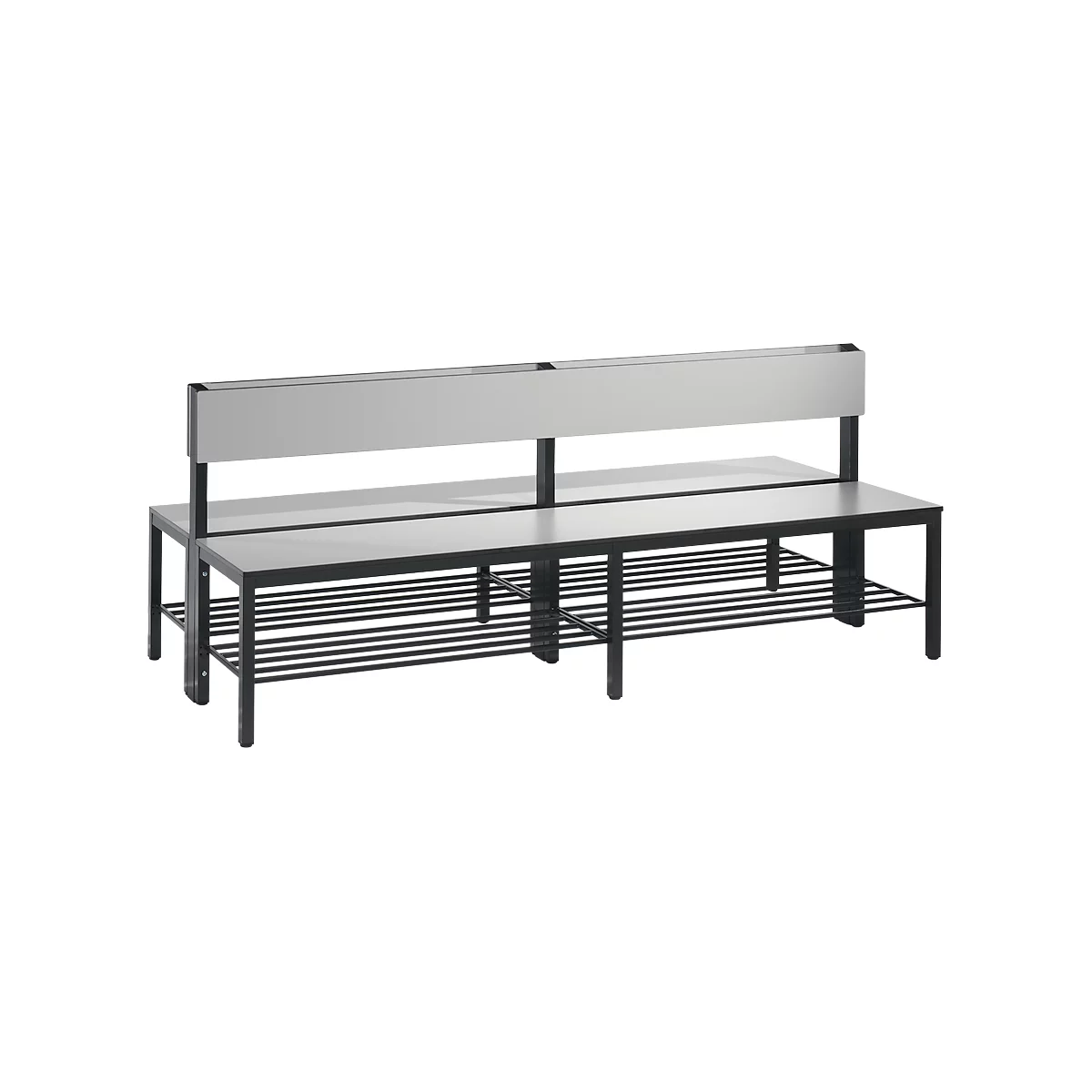 Basic Plus bank, 2-zijdig, met rugleuning en schoenenrek, 4-poots frame zwartgrijs RAL 7021, B 1960 mm, decor zilvergrijs