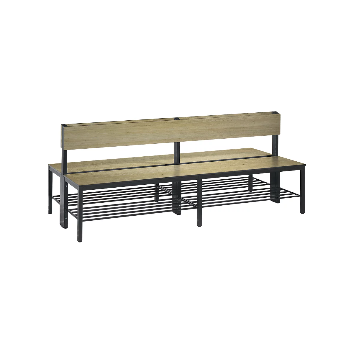 Basic Plus bank, 2-zijdig, met rugleuning en schoenenrek, 4-poots frame zwartgrijs RAL 7021, B 1960 mm, eiken Ser.